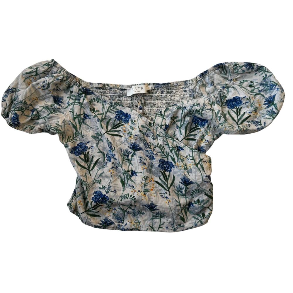 ASTR Surplice Floral Linen Crop Top Crinkle Cottagecore Coquette Prarie Sz Large - Picture 3 of 9